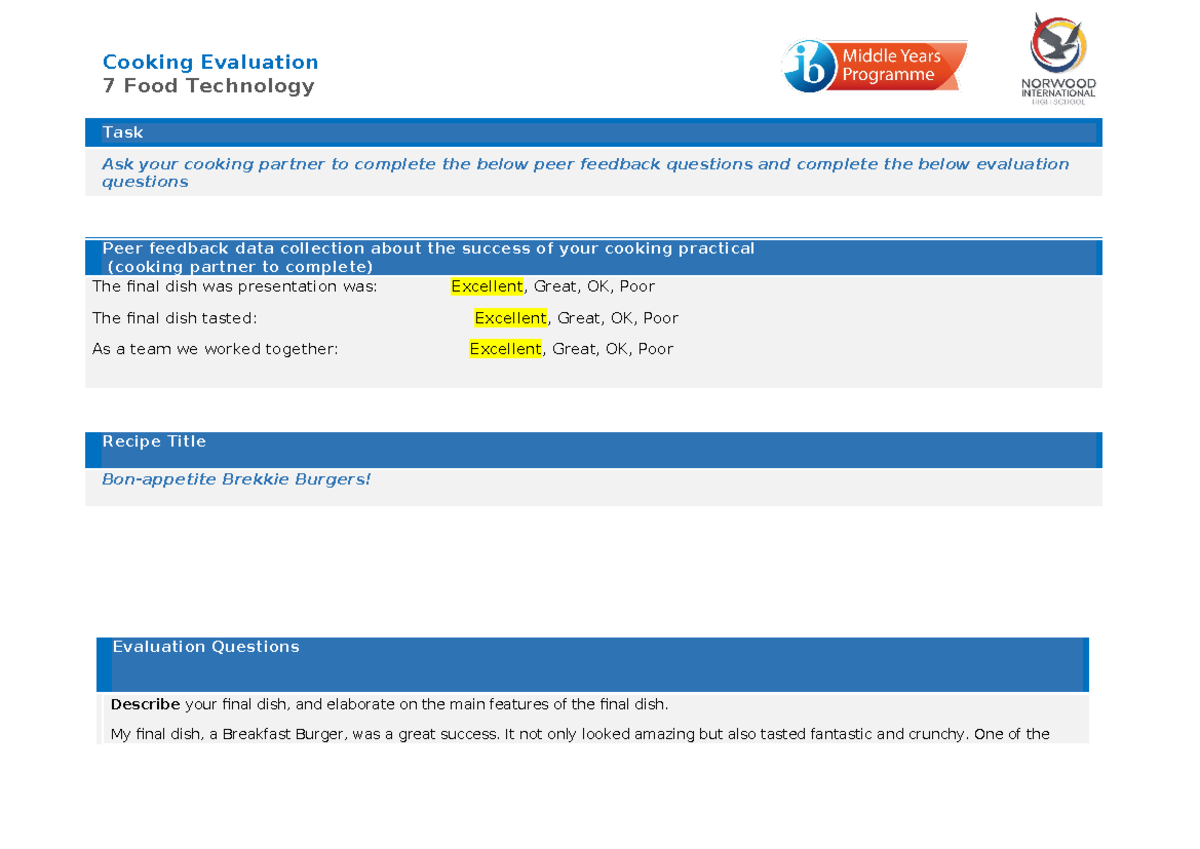 Breakie Burger Evaluation - 7 Food Technology Task Ask your cooking ...