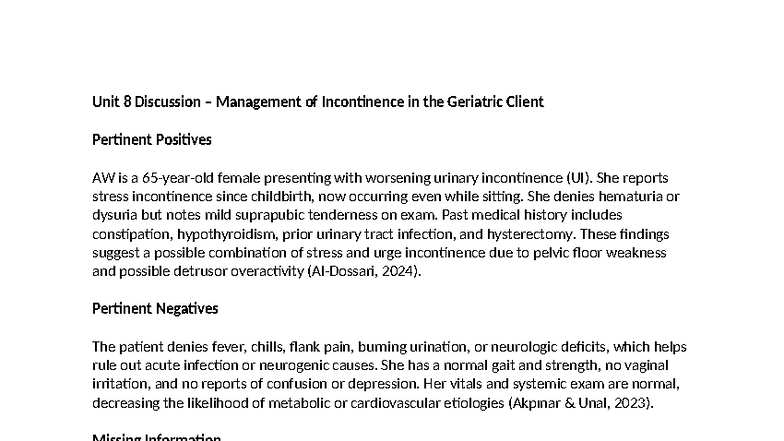 Unit 8 Discussion: Management of Geriatric Urinary Incontinence - Studocu