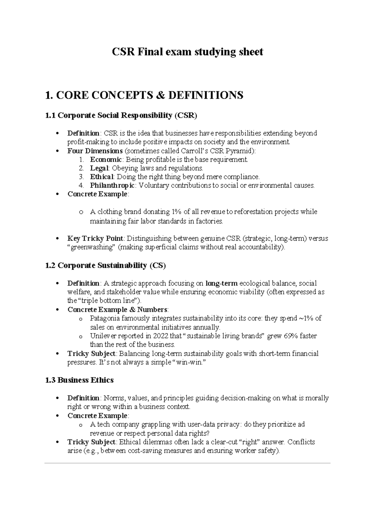 CSR Final exam studying sheet - CORE CONCEPTS & DEFINITIONS 1 Corporate ...