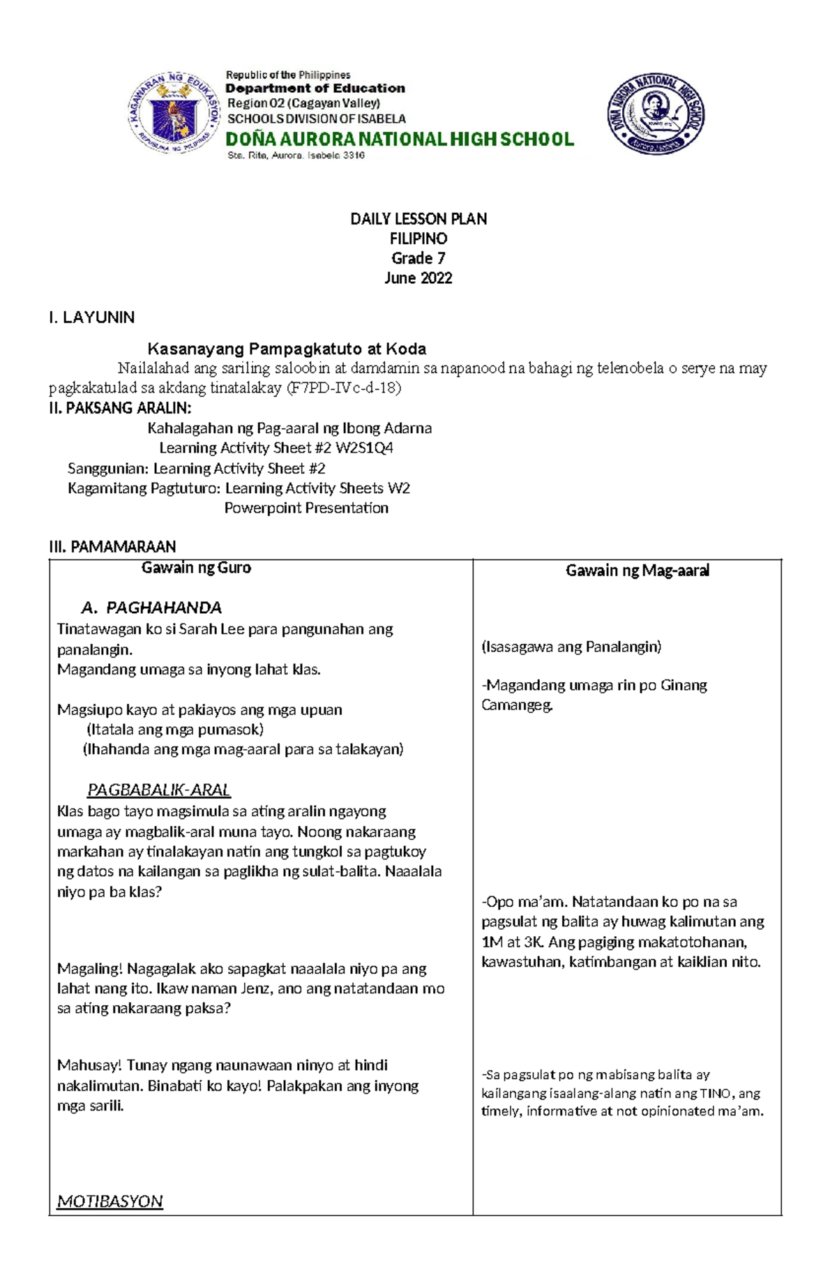 DAILY LESSON PLAN: FILIPINO GRADE 7 - IBONG ADARNA - Studocu