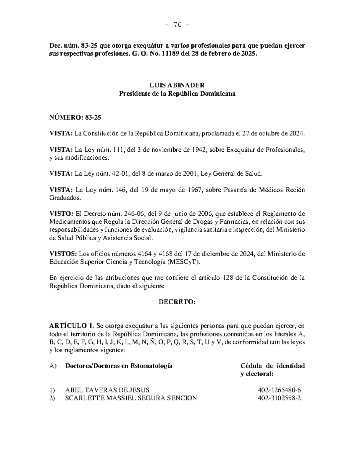 Decreto 76-2025: Exequátur para Profesionales en RD - Studocu