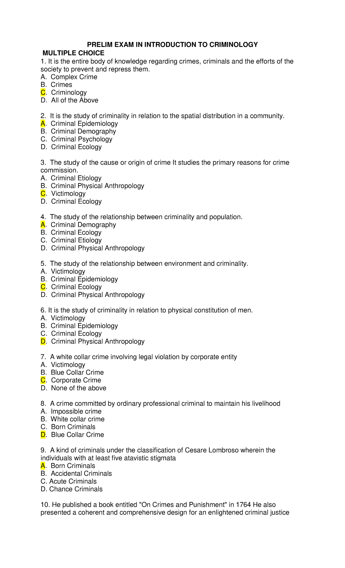 435311285 Intro to Crim Midterm Exam: Multiple Choice Questions - Studocu