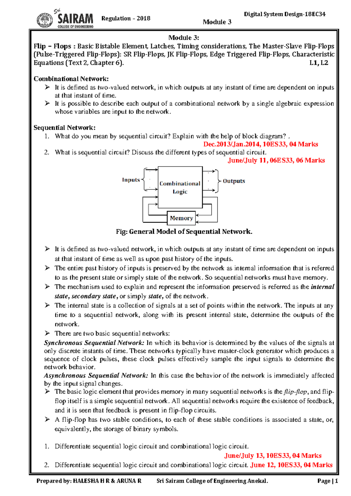 Module 3 - Summary of Flip-Flops and Sequential Networks (10ES33) - Studocu