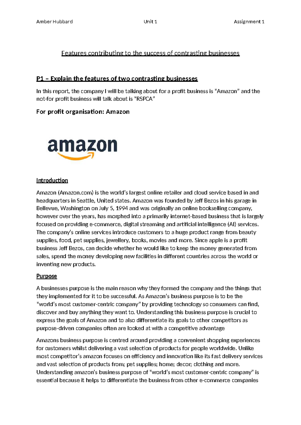 Unit 1 Assignment 1: Success Factors of Amazon and RSPCA - Studocu