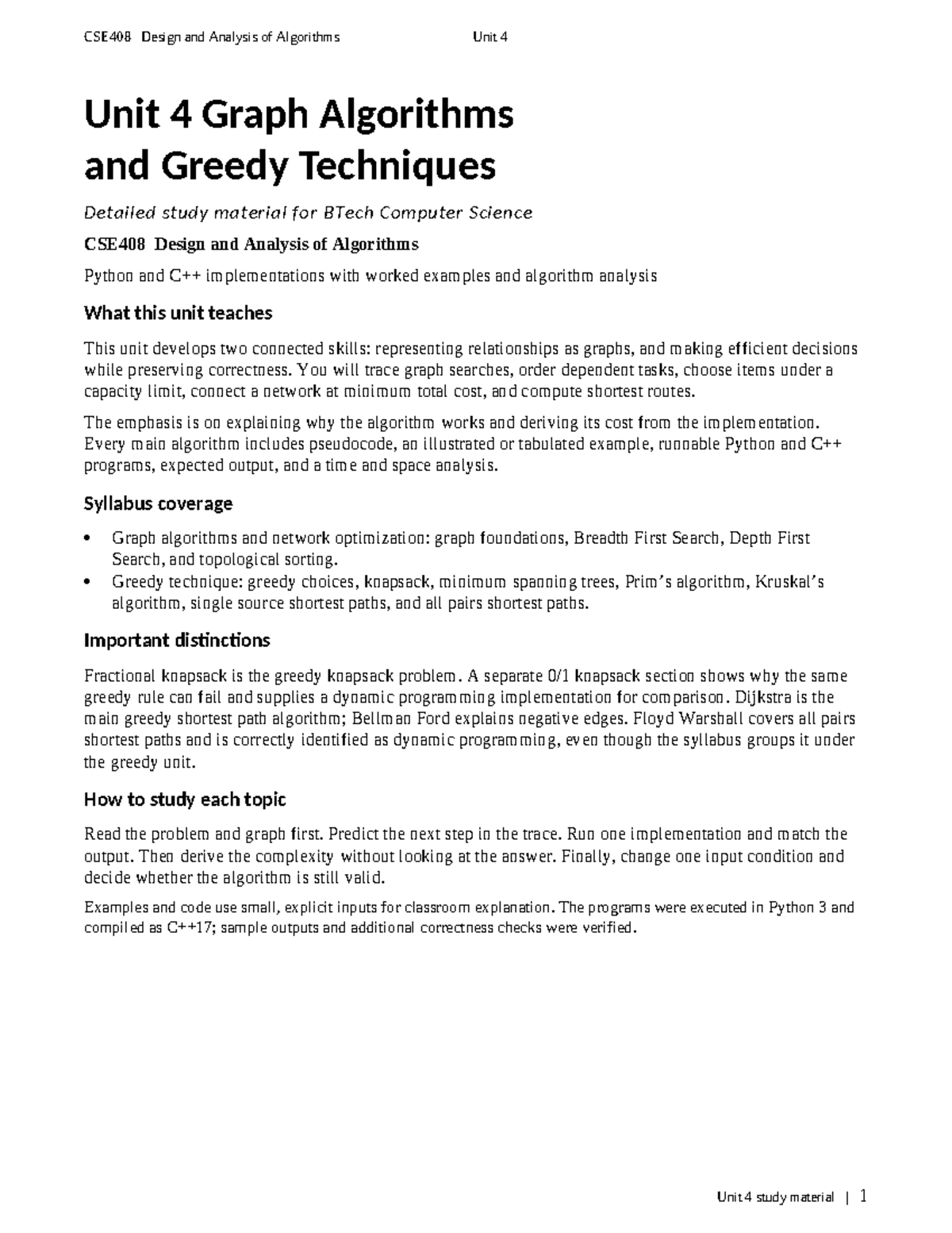 CSE408 Design and Analysis of Algorithms Unit 4: Graphs & Greedy ...