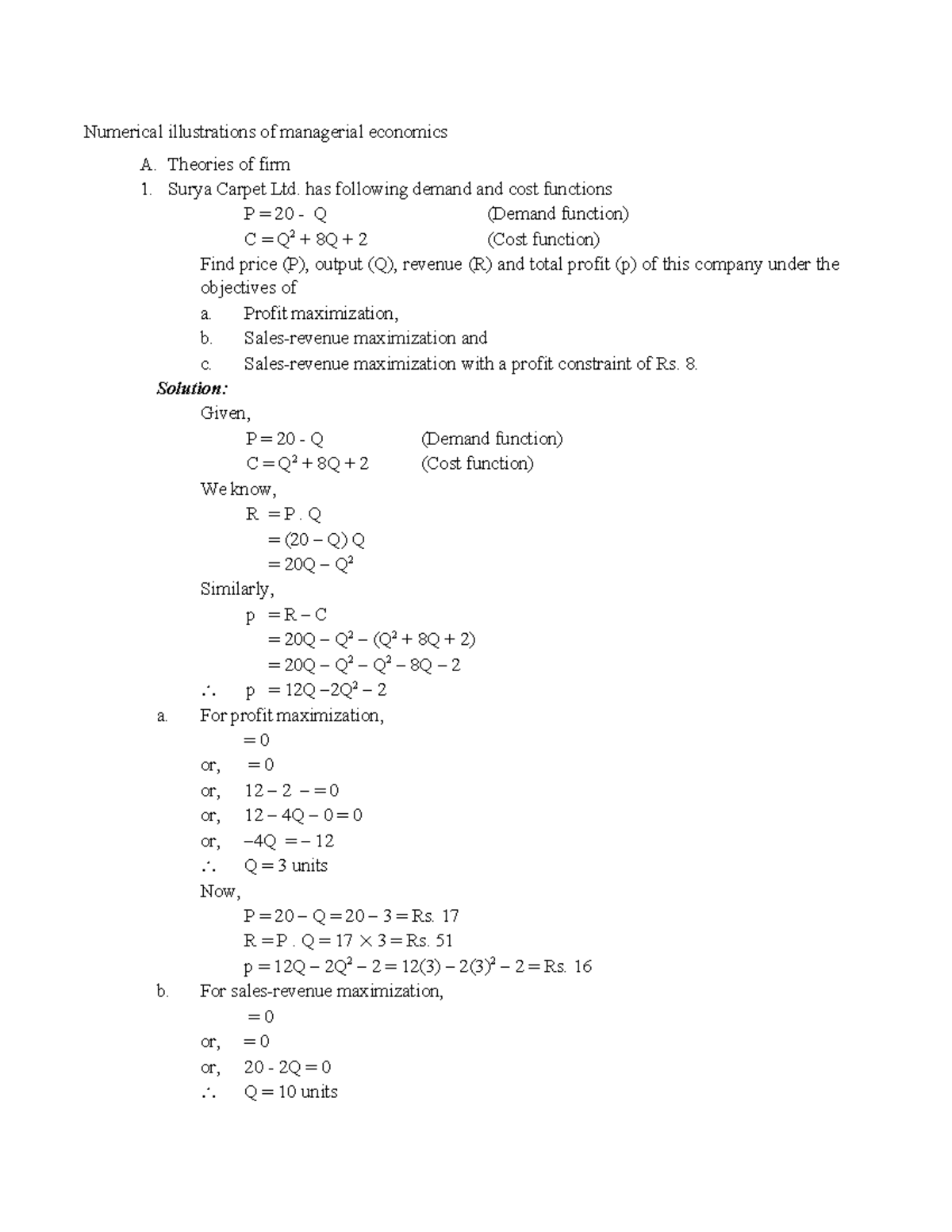 Managerial Economics MBM Numerical Analysis and Illustration - Studocu