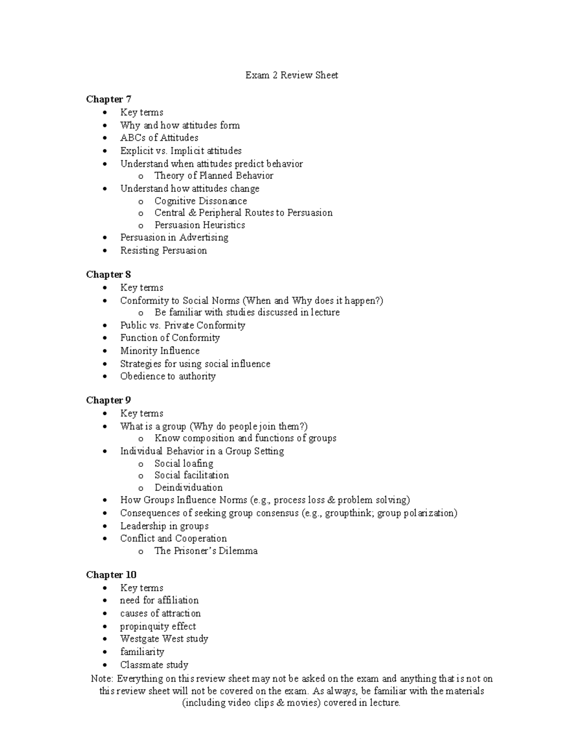 Psychology PSY 201 Exam 2 Review Sheet: Attitudes & Social Influence ...
