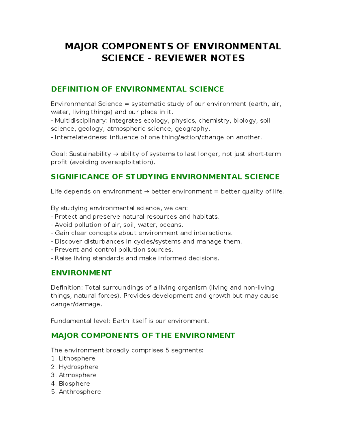 Environmental Science (ENV 101) Major Components & Significance Review ...