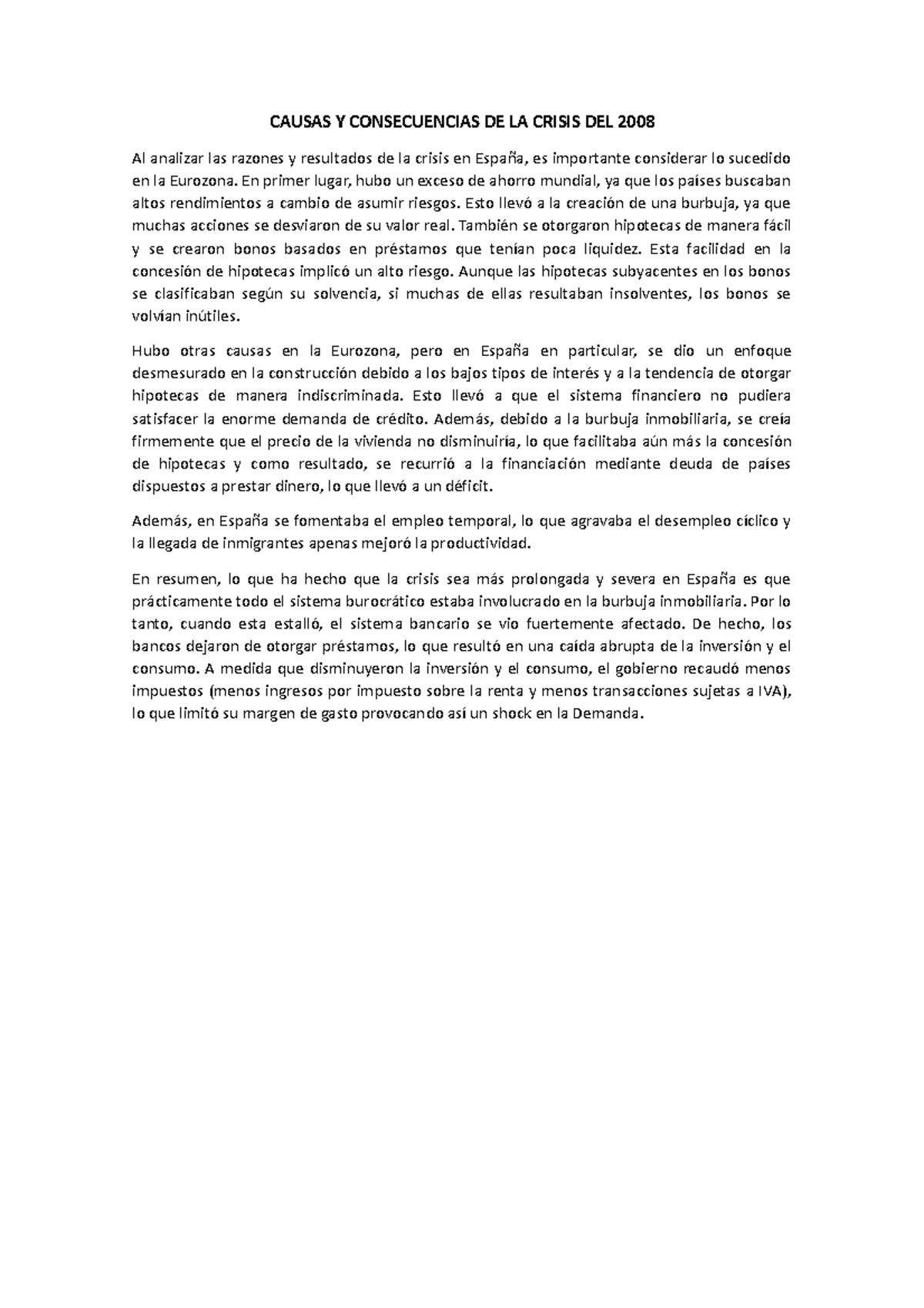 Crisis - Escrito de macroeconomia - CAUSAS Y CONSECUENCIAS DE LA CRISIS ...