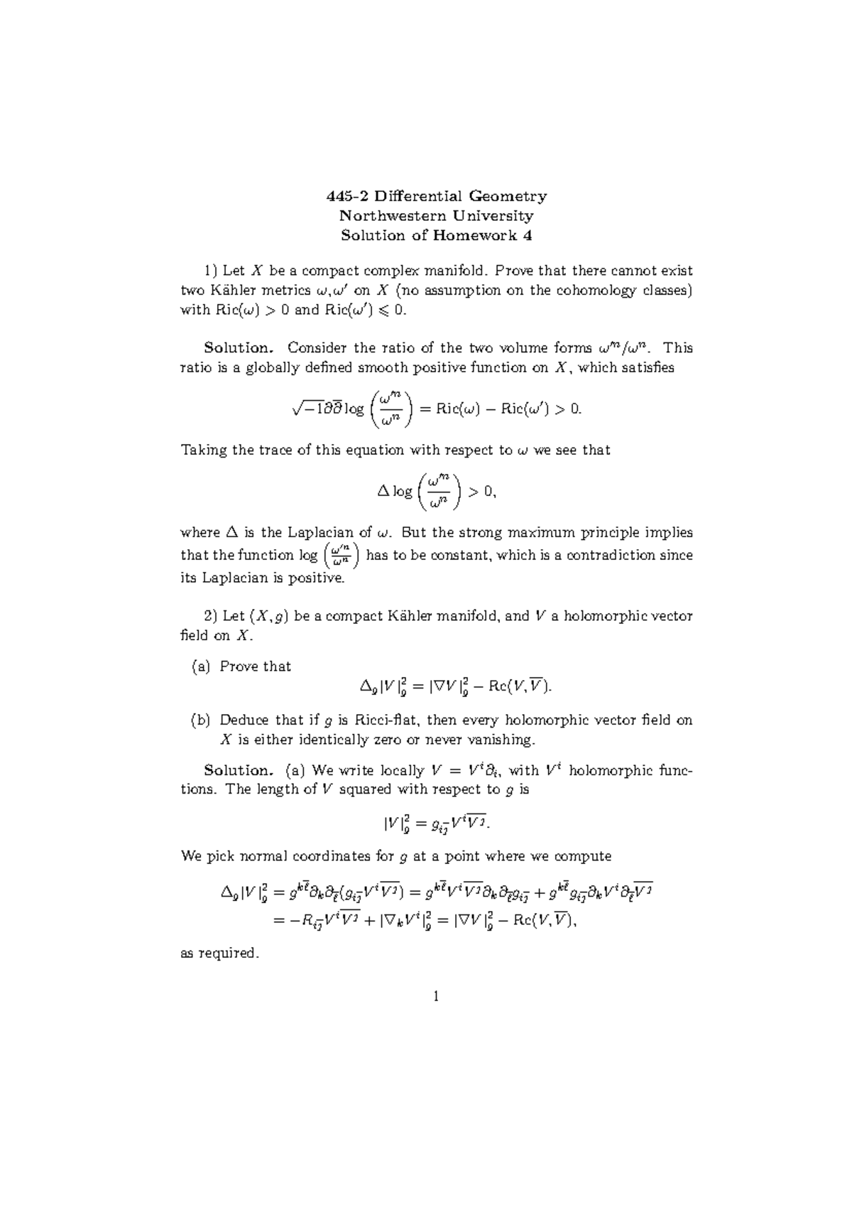445-2 Differential Geometry Homework 4 Solutions Explanation - Studocu