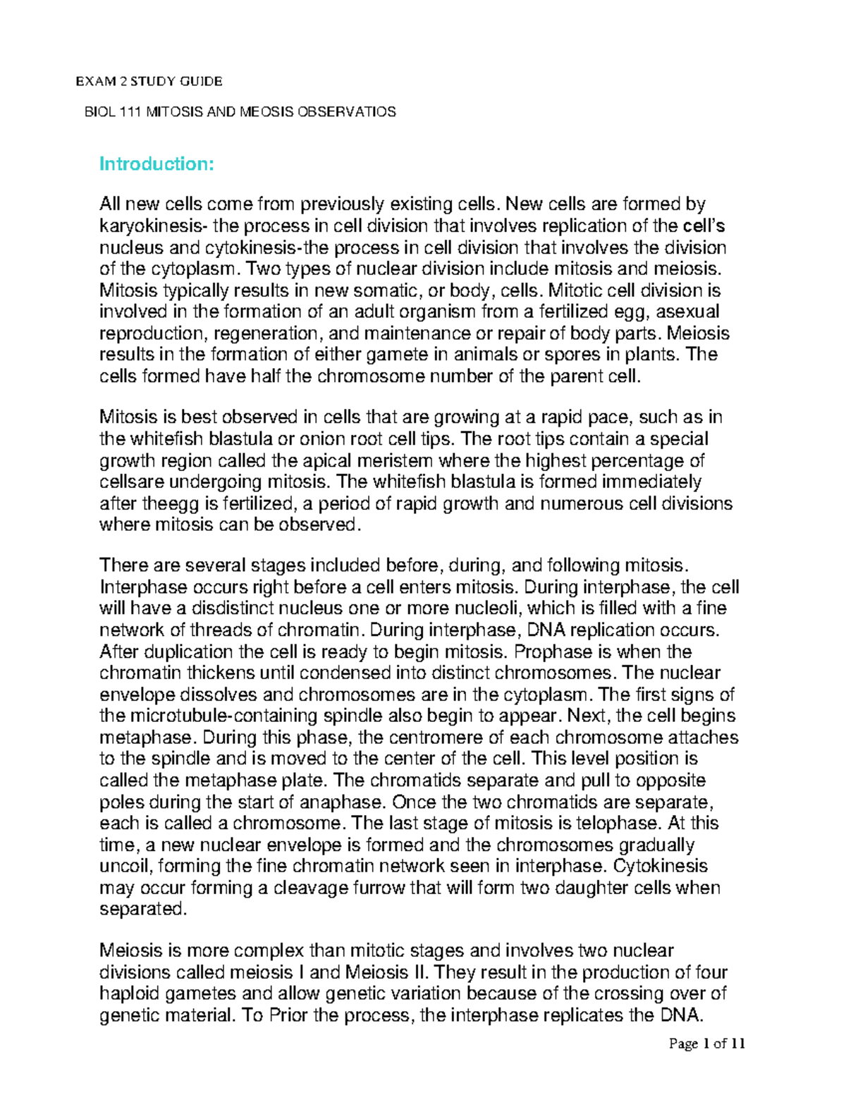 BIOL 111 Exam 2 Review: Cell Division & Genetics Study Guide - Studocu