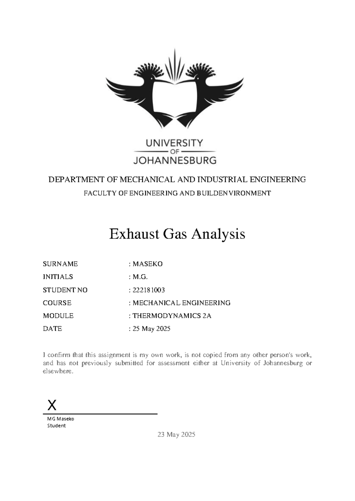 Exhaust Gas Analysis Lab Report for MECH ENG THERMODYNAMICS 2A - Studocu