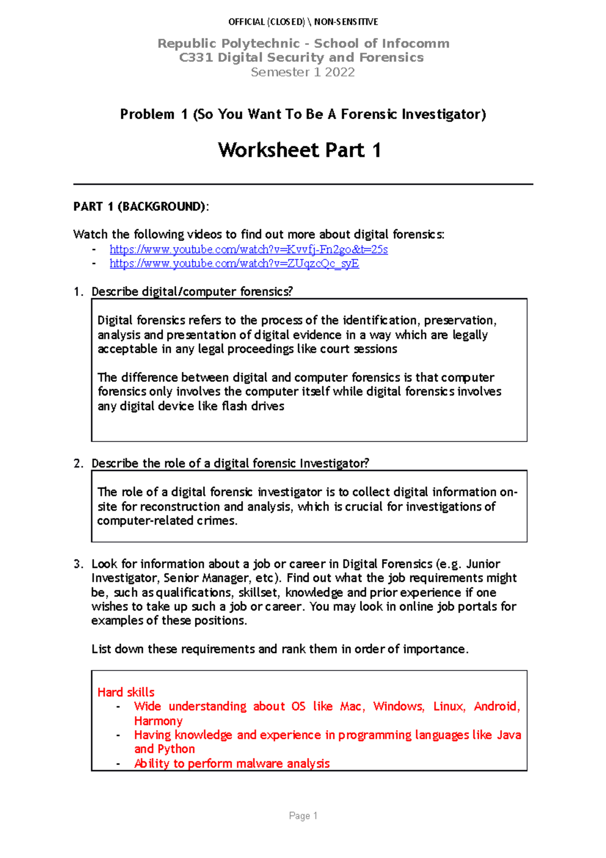 C331 Digital Forensics Lesson 01 Worksheet: Investigator Roles & Tools ...