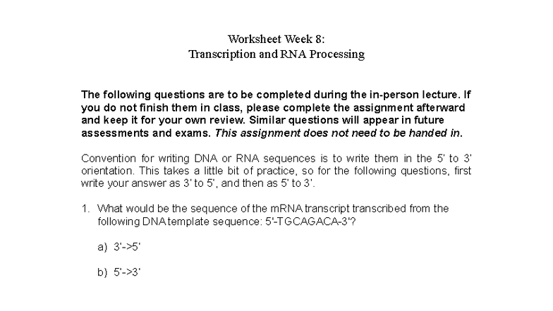 Worksheet Week 8: Transcription & RNA Processing - Studocu