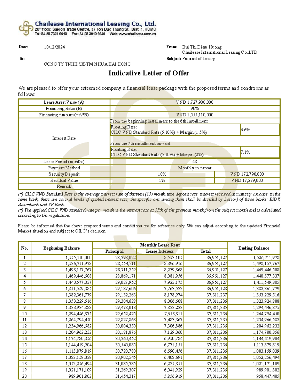 Leasing quotation form for financial lease proposal - Studocu