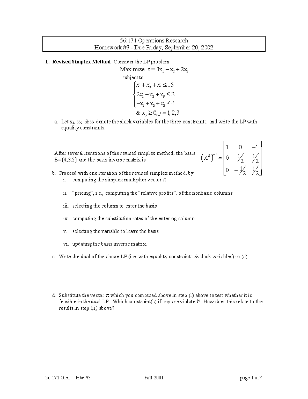 HW3: Revised Simplex Method & Call Center Staffing - 56:171 O.R. - Studocu