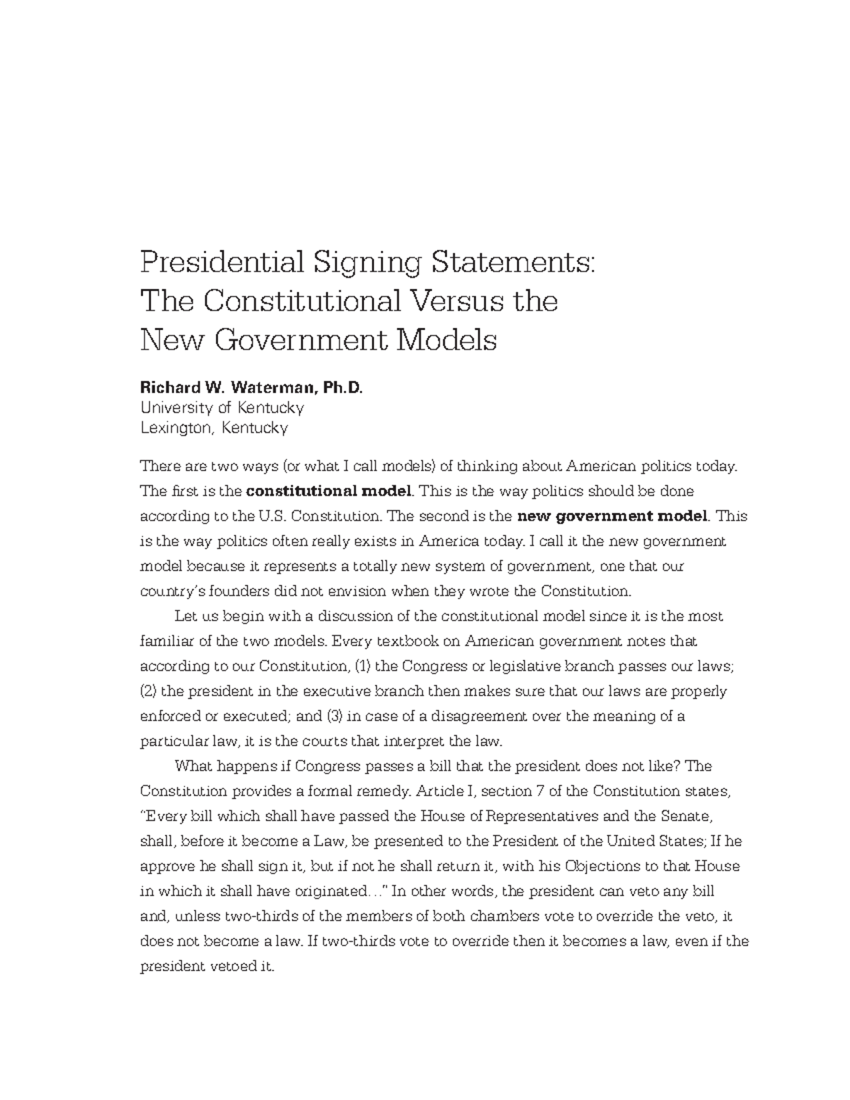 Presidential Signing Statements: Constitutional vs. New Models of Power ...