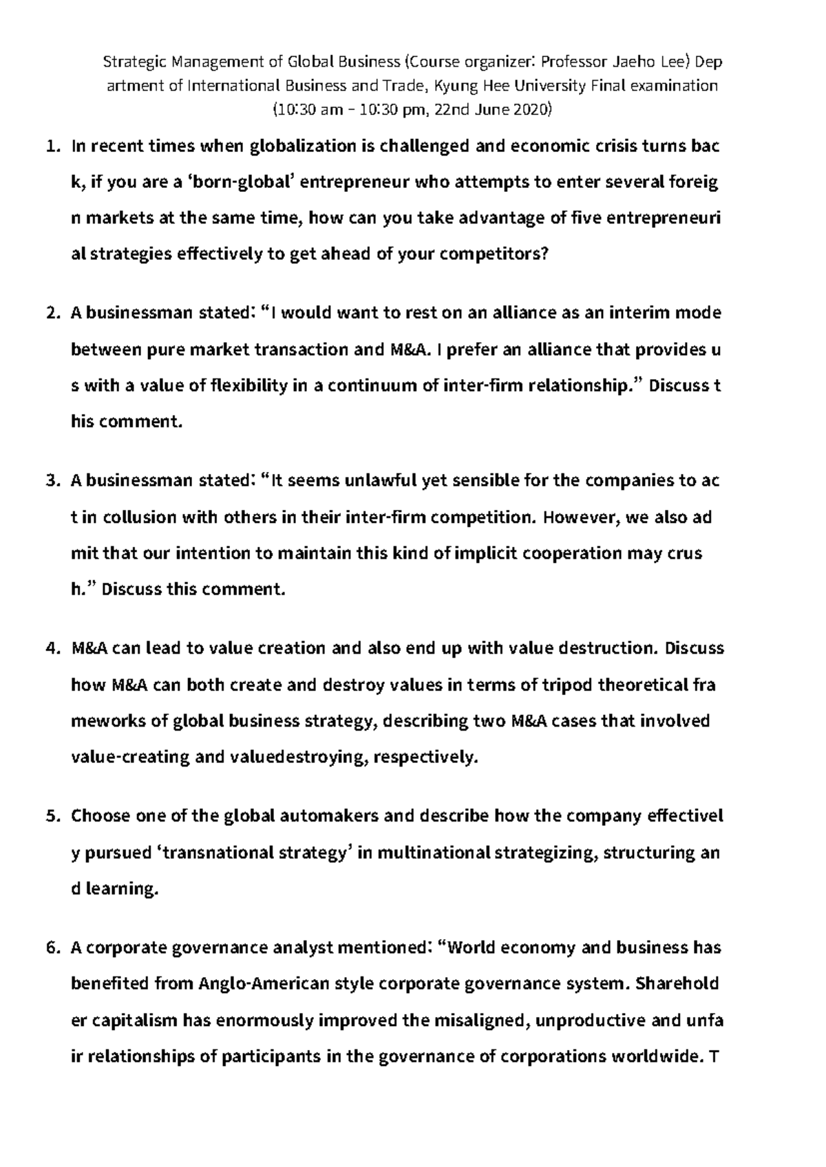 Strategic Management of Global Business: Final Exam Insights (IBT 2020 ...
