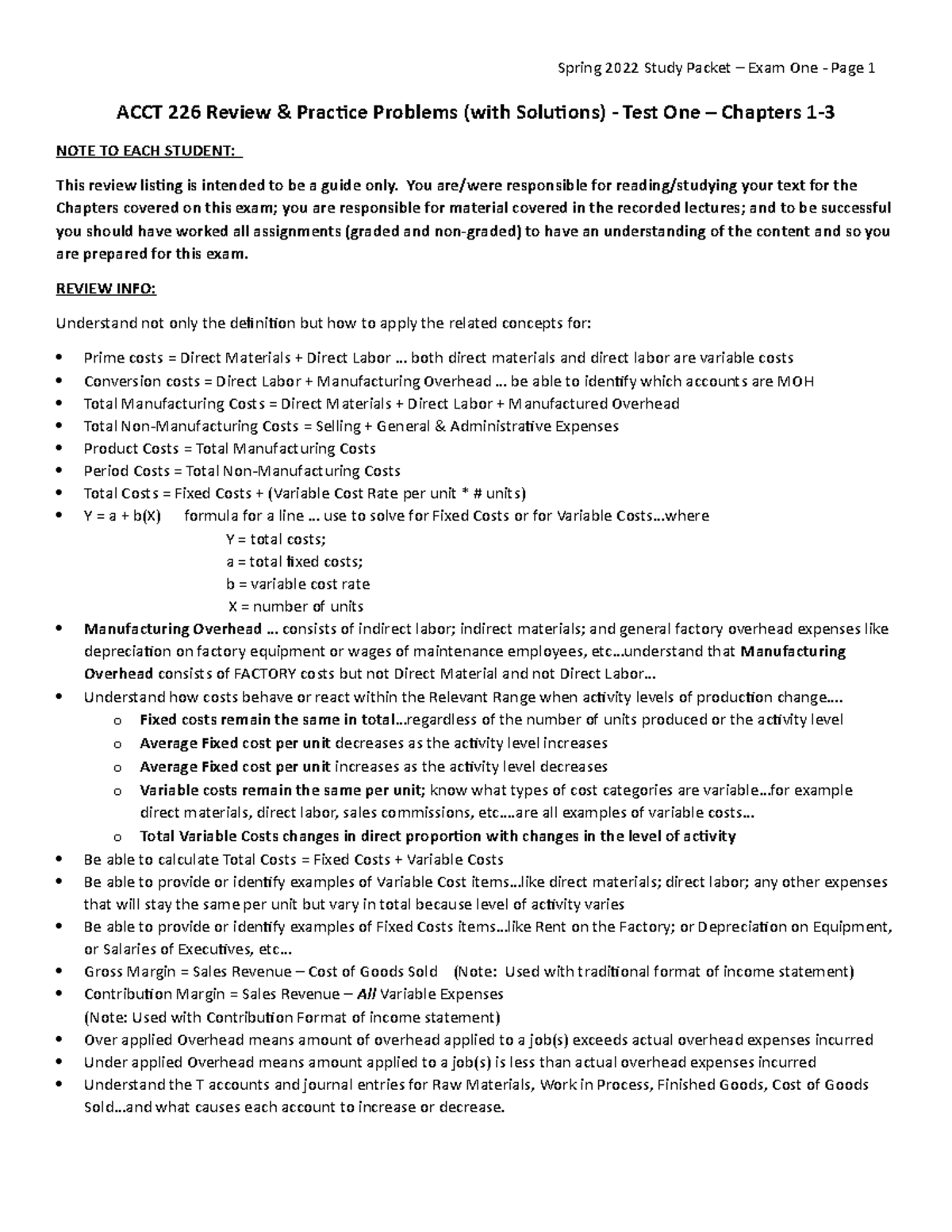 ACCT 226 Study Guide: Exam 1 Review & Practice Problems - Studocu