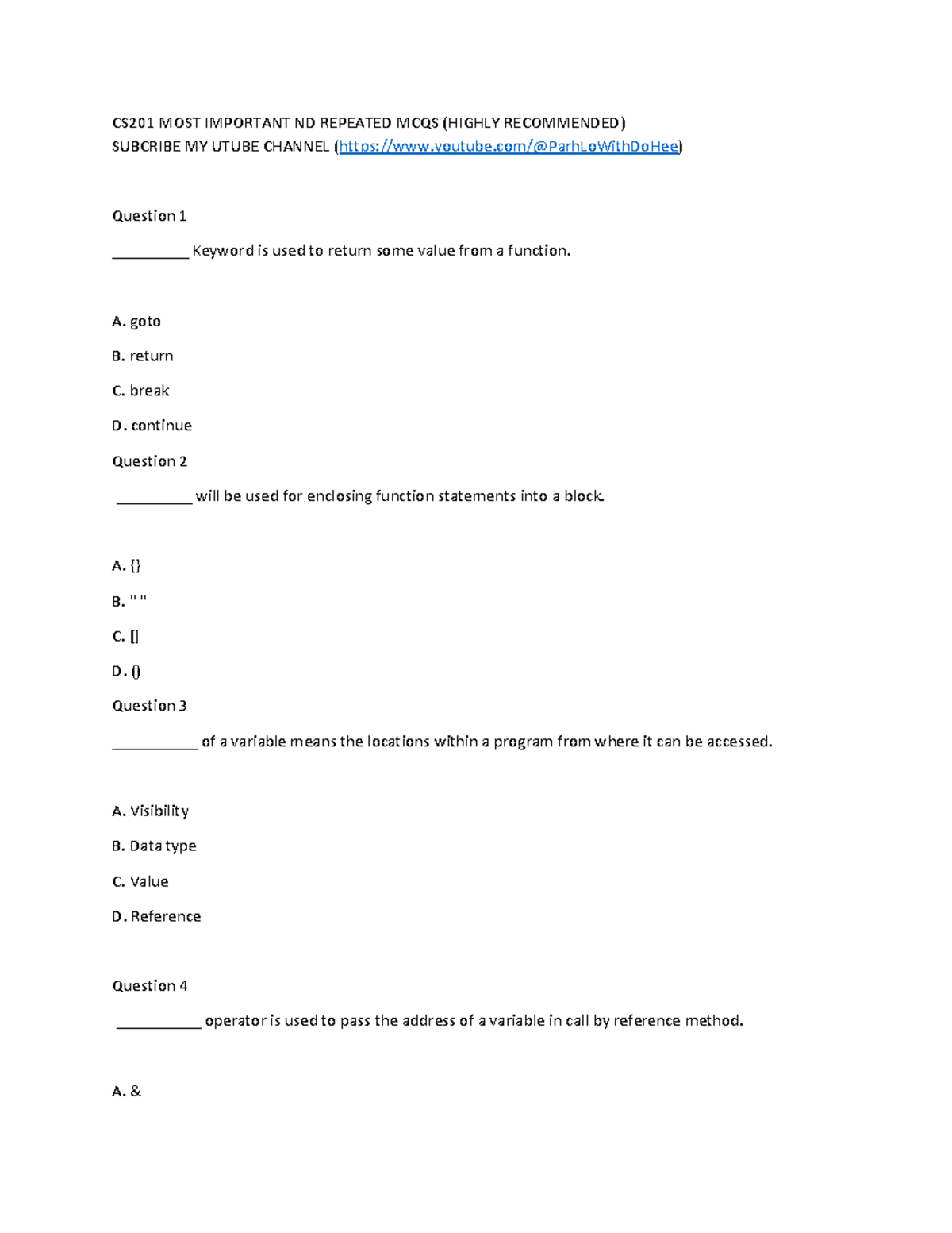 CS201 Final Exam: Key MCQs for Success - Studocu