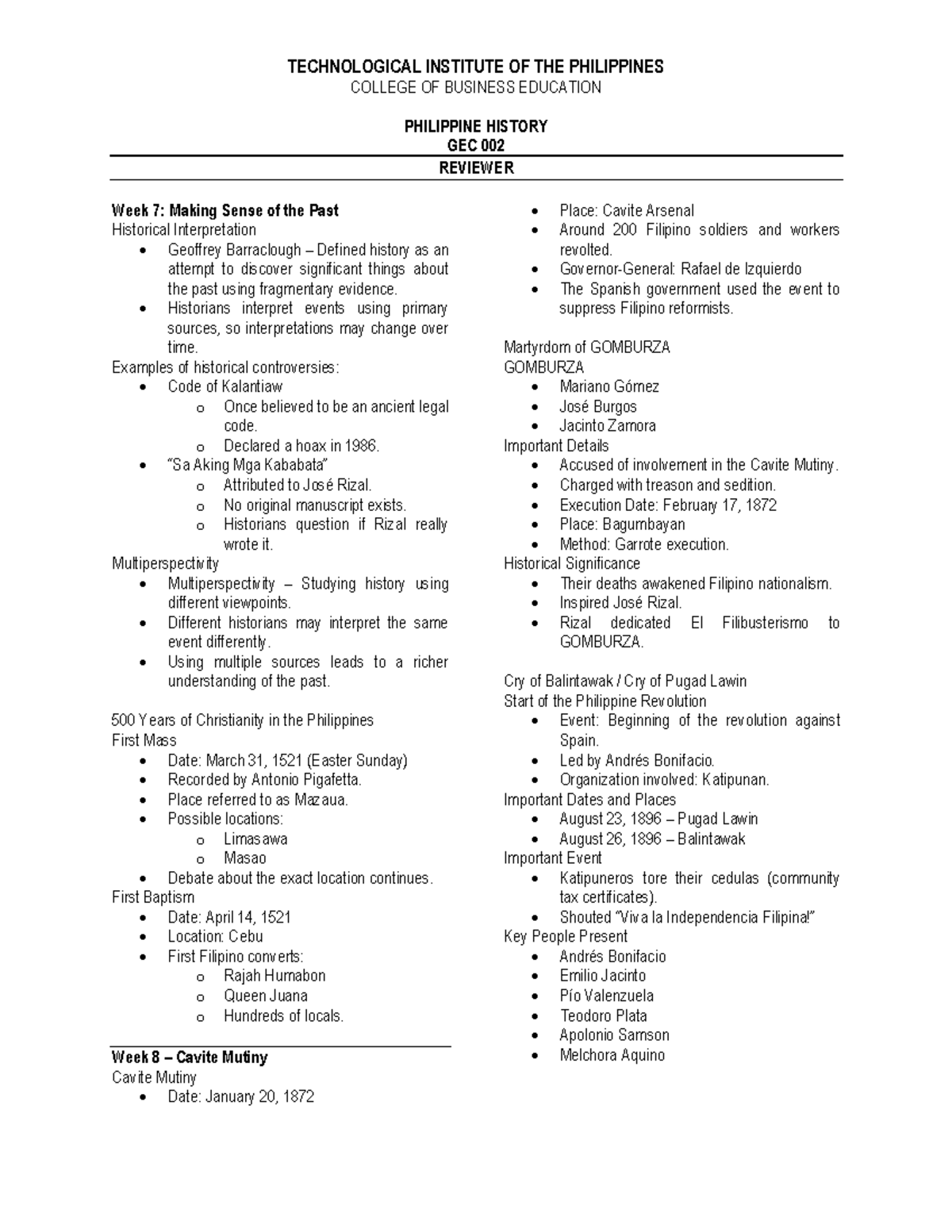 GEC 002 Midterm Reviewer: Key Events in Philippine History - Studocu