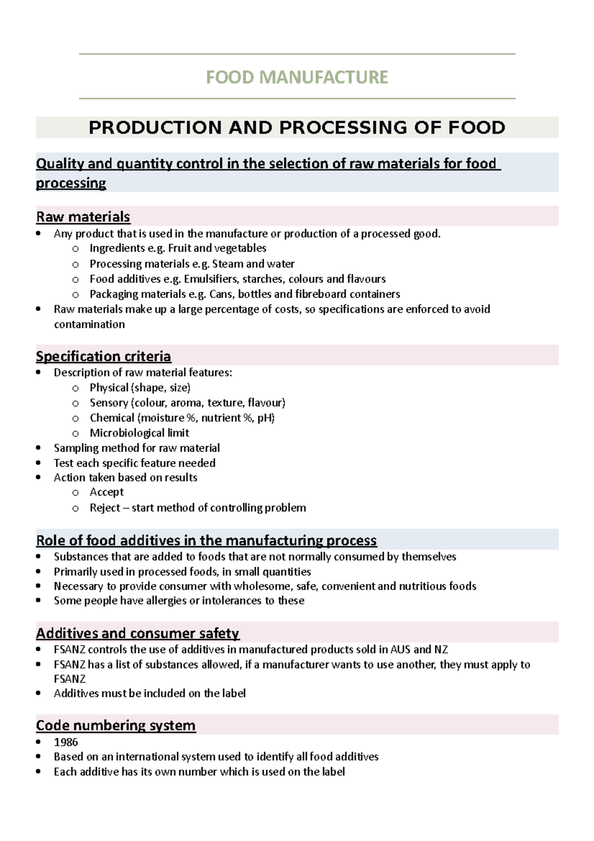 Food-Manufacture - STUDY NOTES - FOOD MANUFACTURE PRODUCTION AND ...