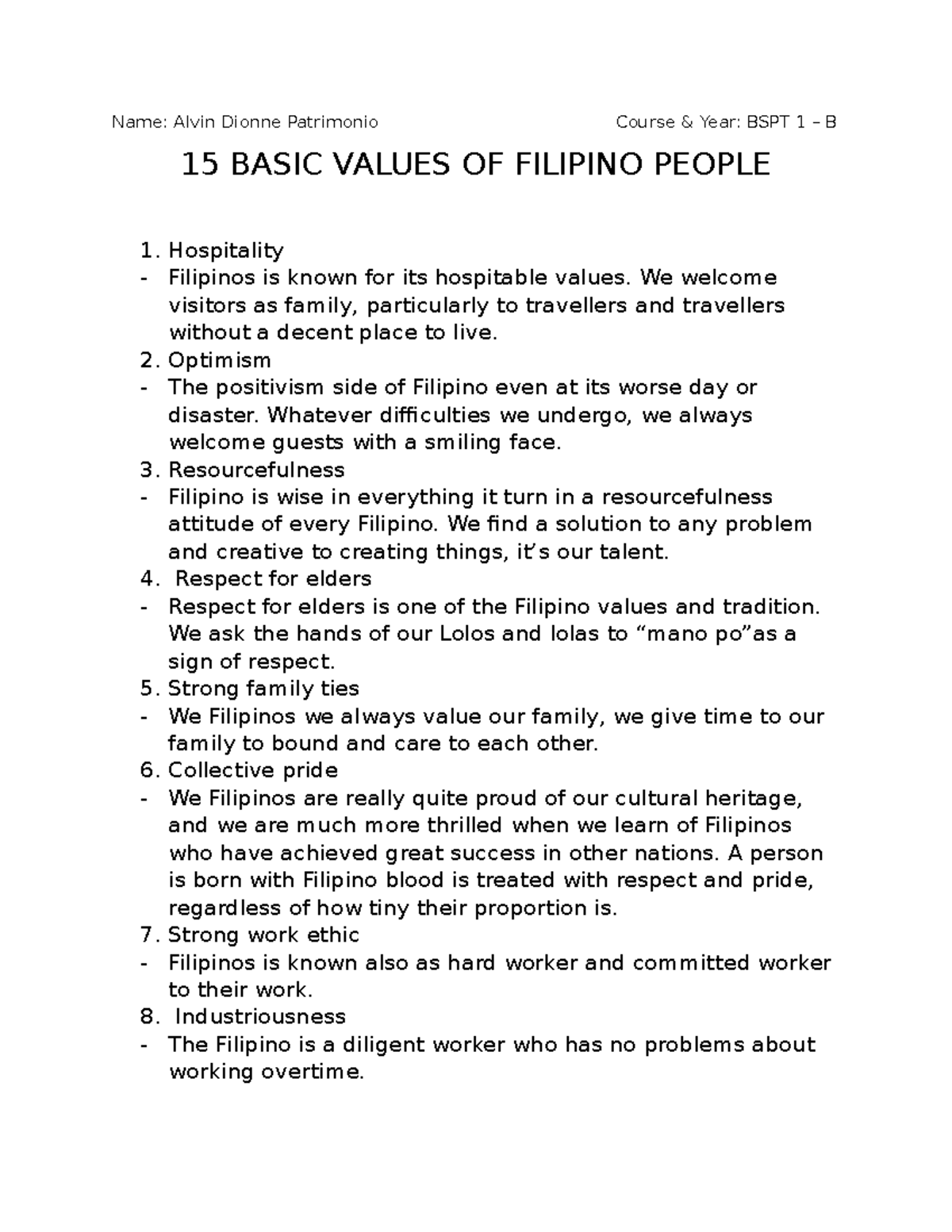 BSPT 1 - 15 Fundamental Values of Filipino Culture: A Guide by Alvin ...