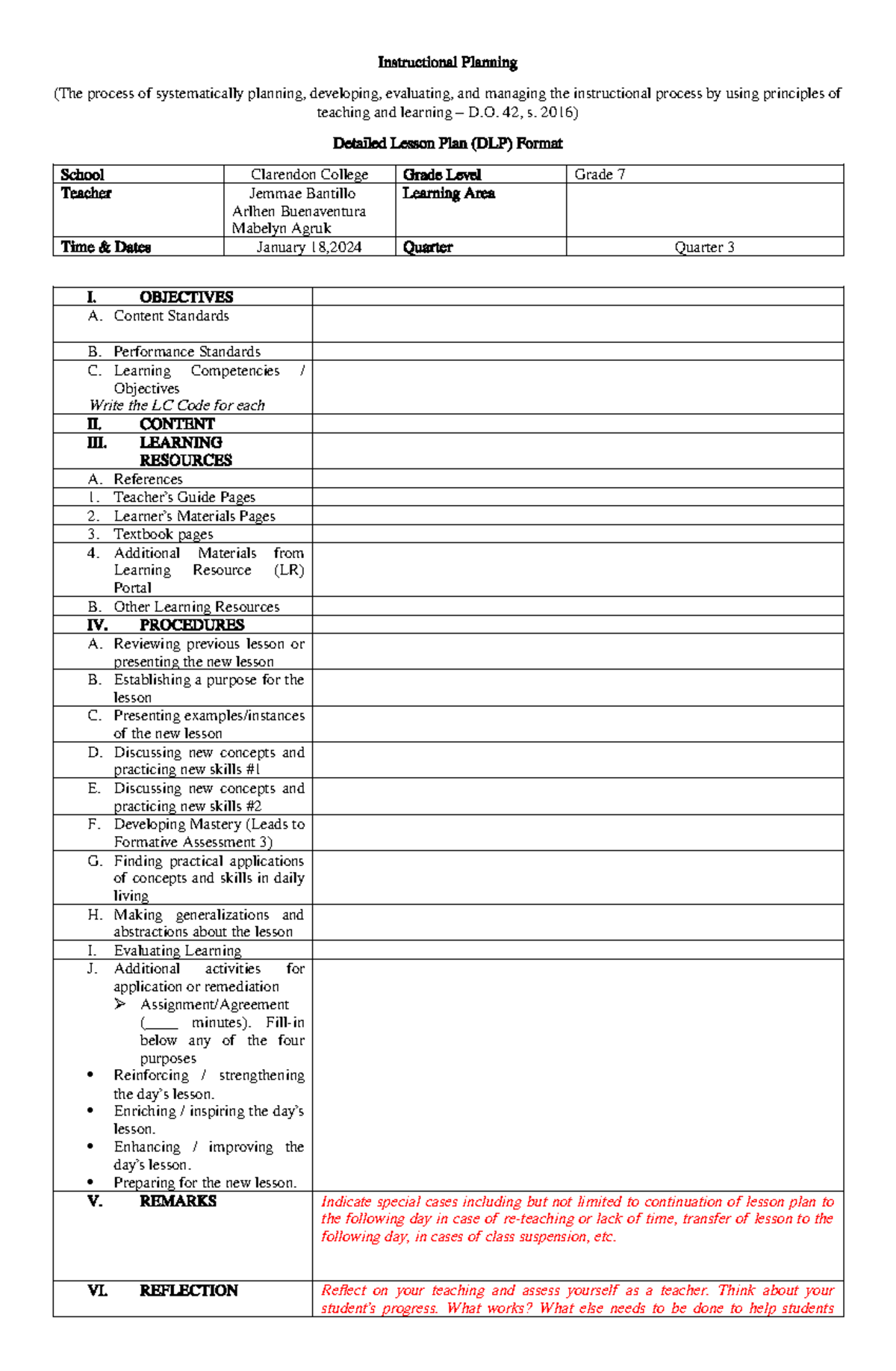 Detailed Lesson Plan (DLP) for Grade 7 - Clarendon College - Studocu