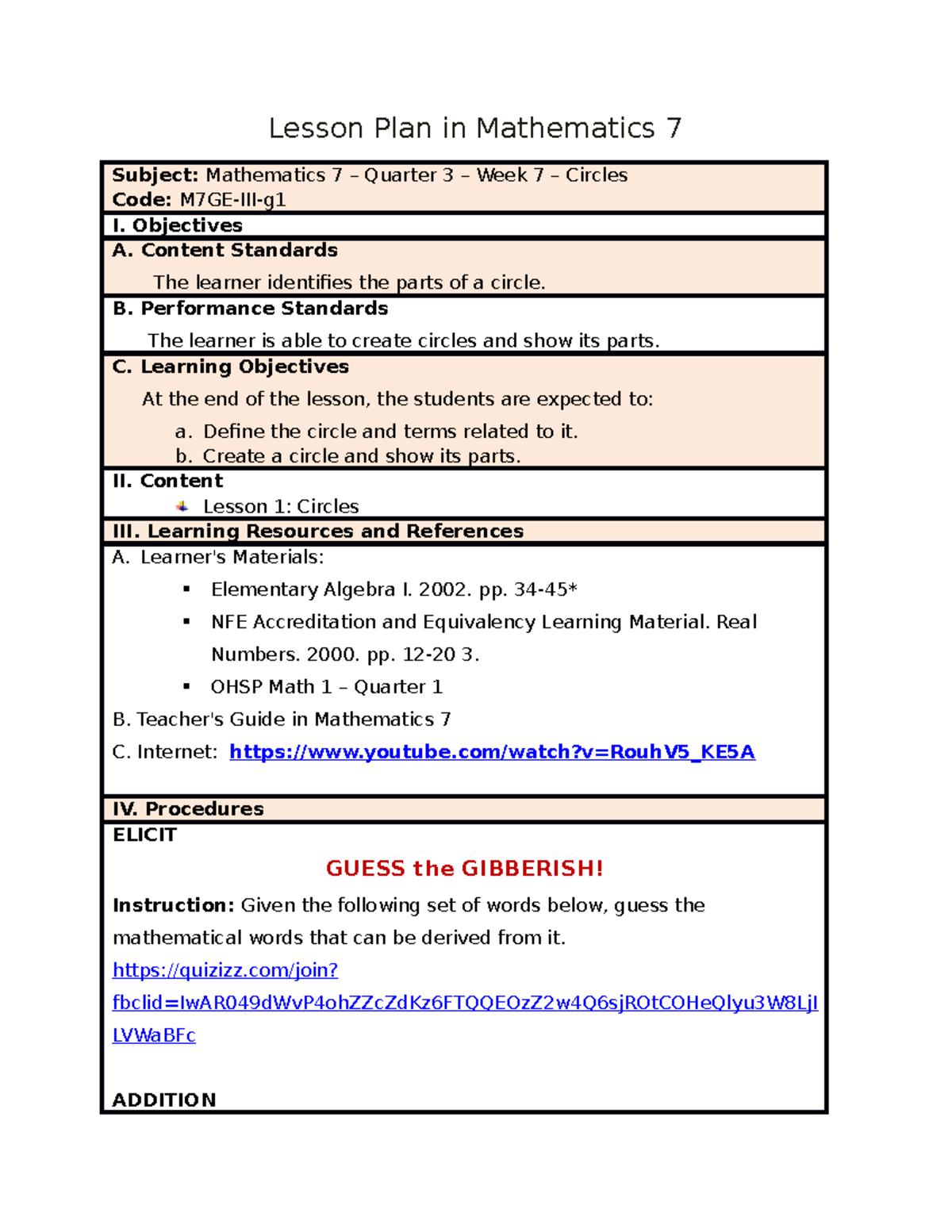 Mathematics 7 Lesson Plan: Circles - Code M7GE-III-g - Studocu