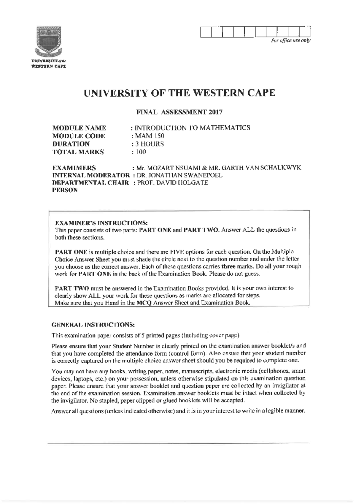 MAM150 Final Exam Paper - Introduction to Mathematics (Nov 2017) - Studocu