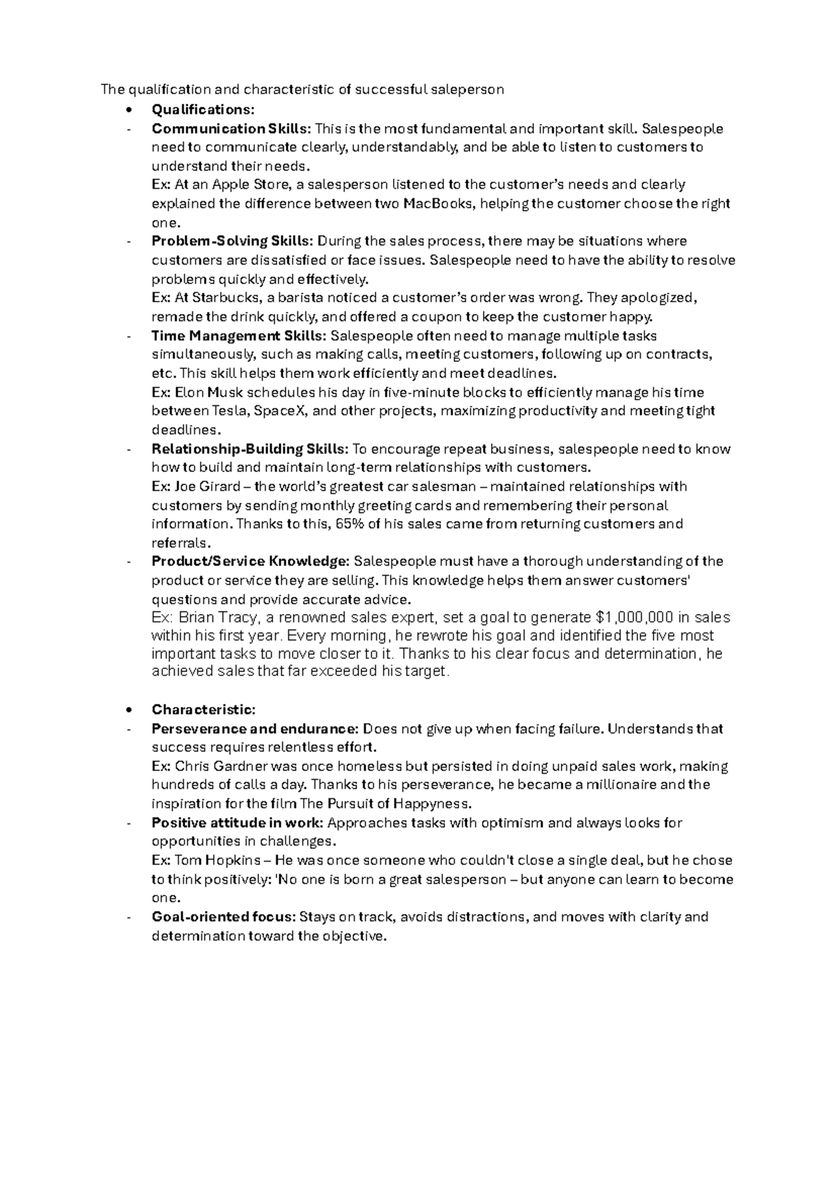 Qualifications and Characteristics of a Successful Salesperson - Studocu