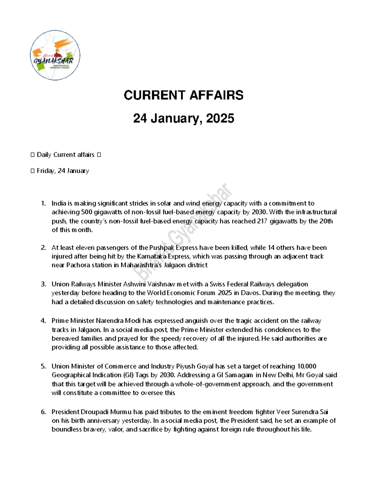 Daily Current Affairs 24 - CURRENT AFFAIRS 24 January, 2025 🗞 Daily ...