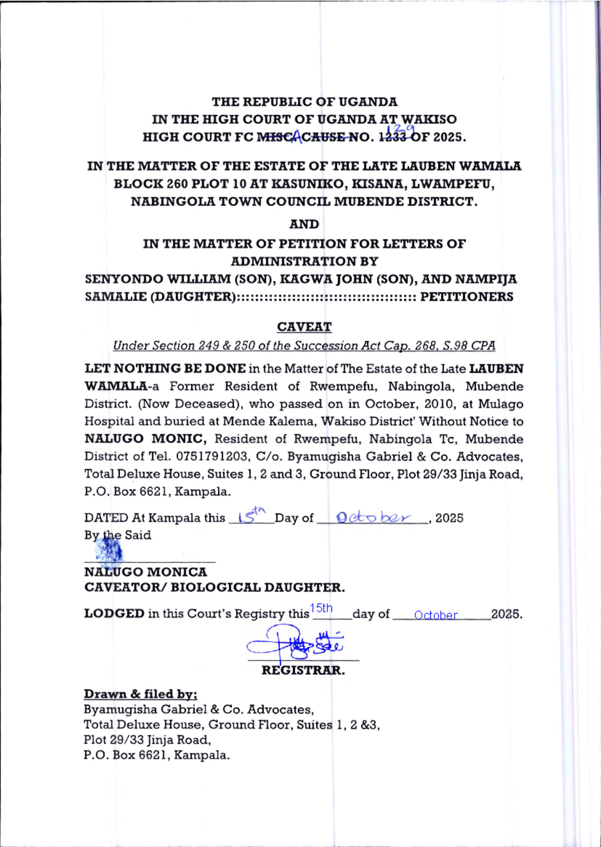 Caveat for Letters of Administration: Estate of Late Lauben Wamai, 2025 ...