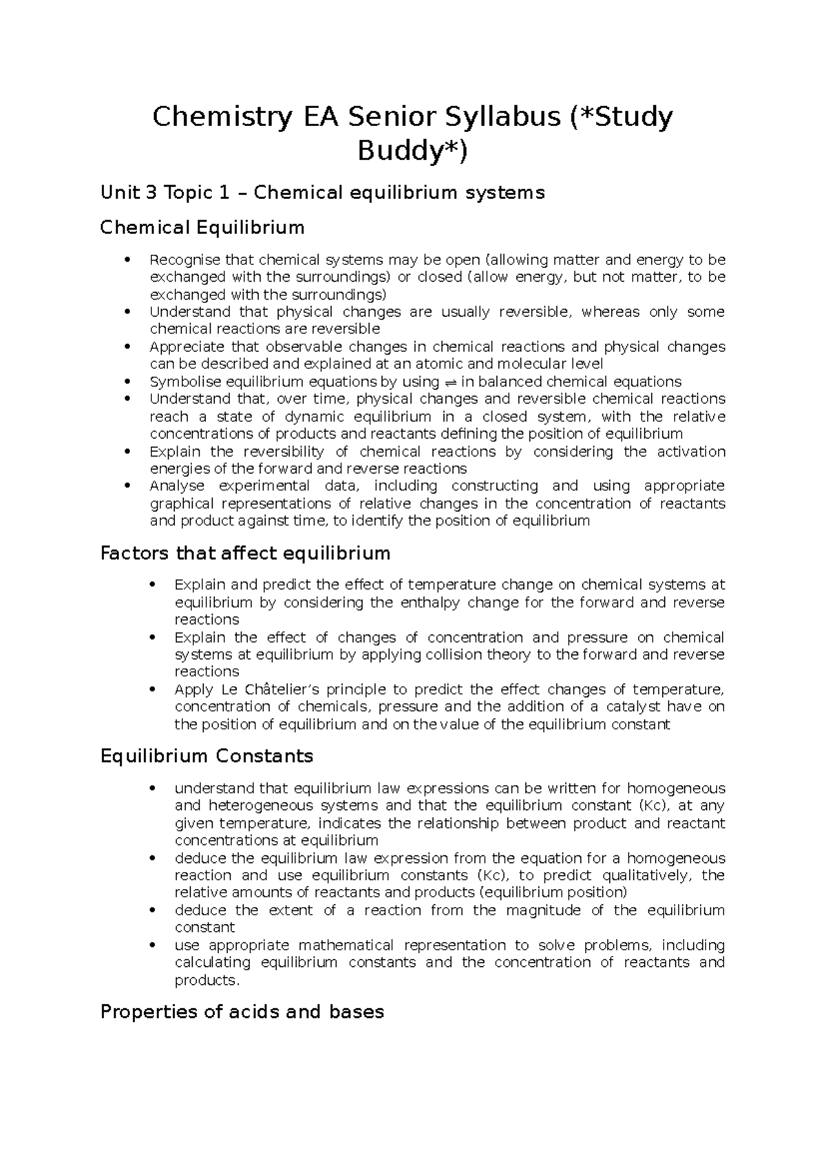 Chemistry EA Senior Syllabus: Unit 3 & 4 Overview on Equilibrium ...