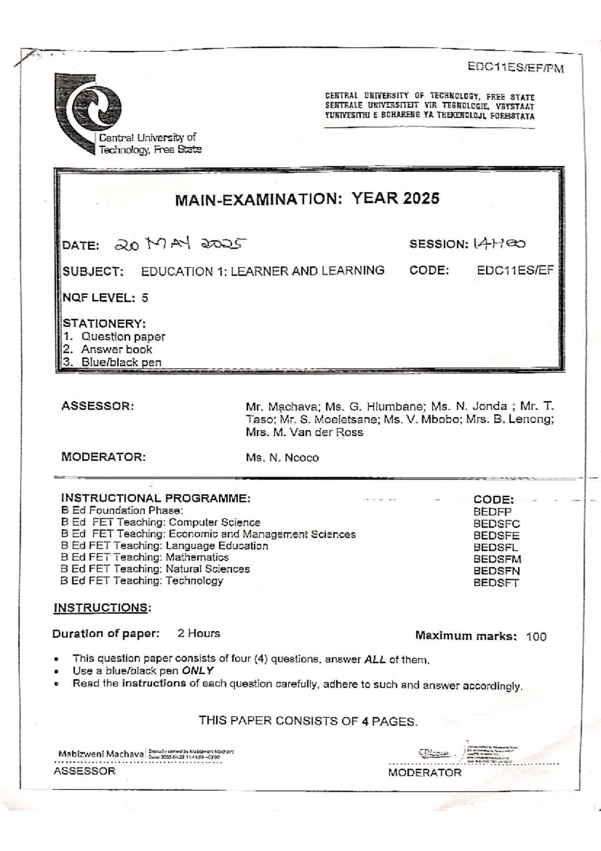 EDUCATION 1: LEARNER AND LEARNING NQF LEVEL 5 - QUESTION PAPER 2025 ...