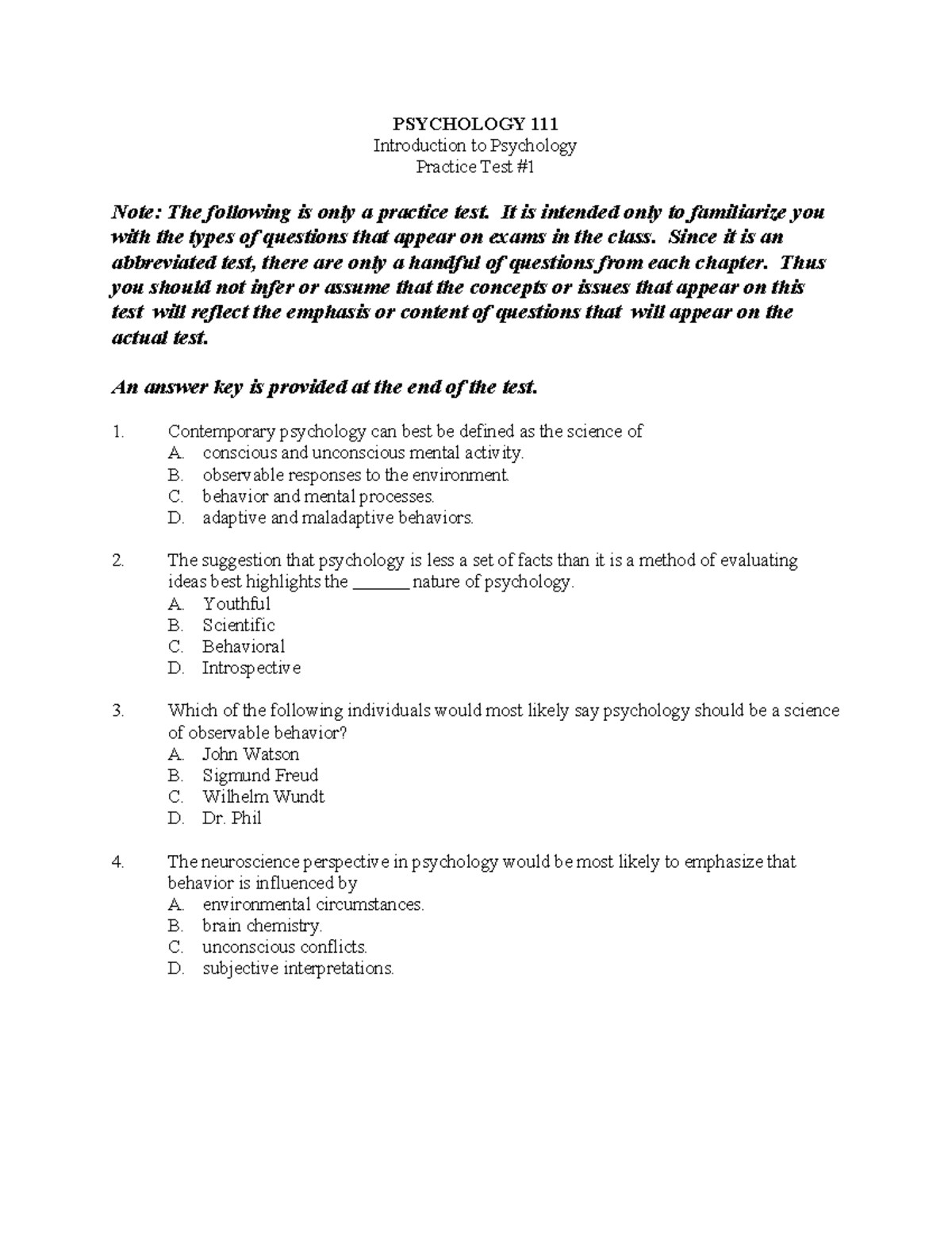 PSY 101 Introduction to Psychology Practice Test Notes - Studocu