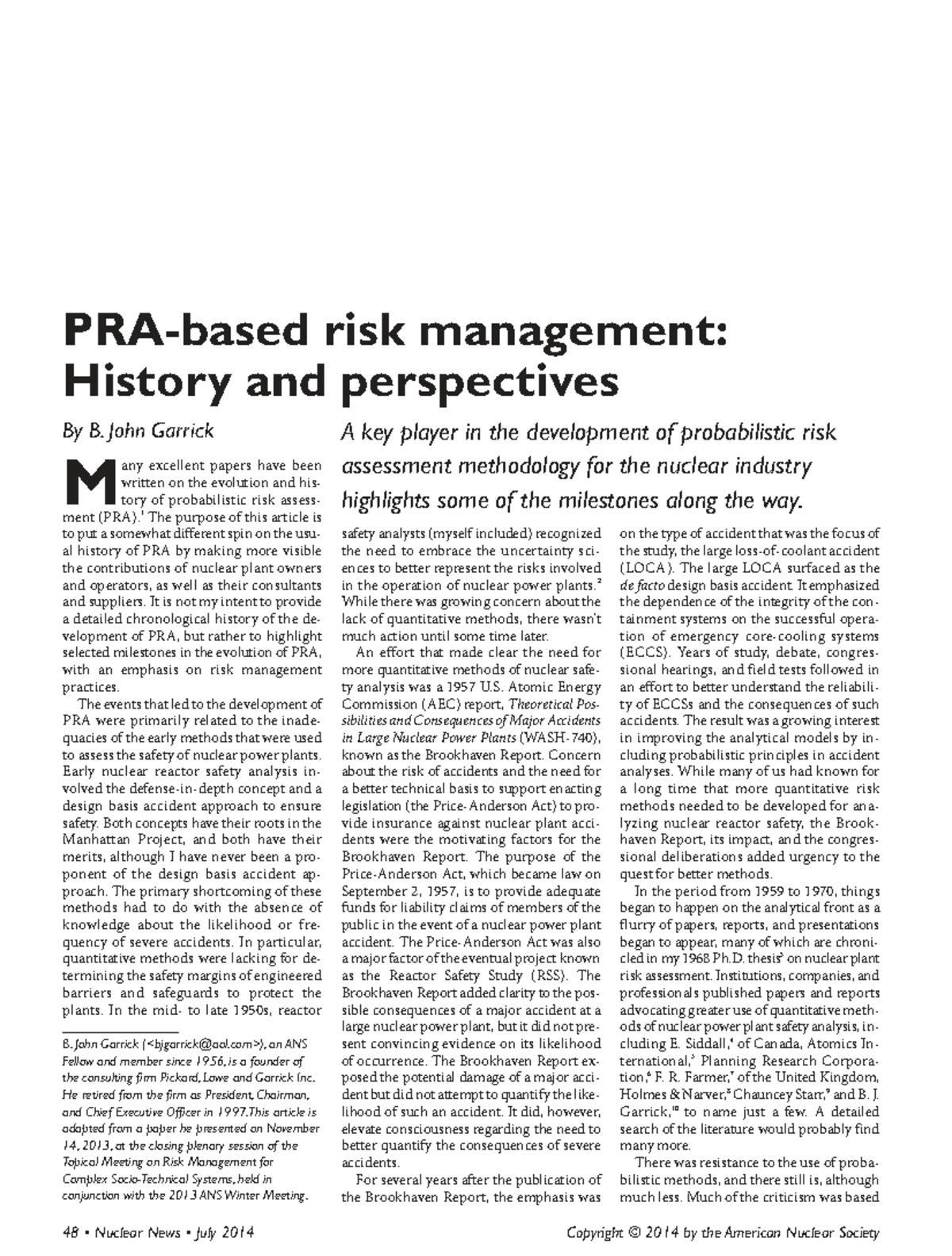 PRA-Based Risk Management: History and Perspectives (Garrick 2014 ...
