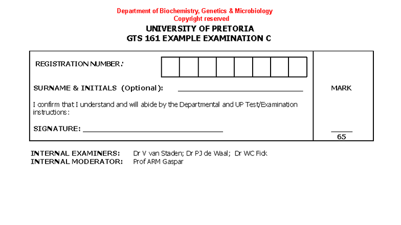 GTS 161 Example Exam C - Past Paper with Genetic Questions - Studocu