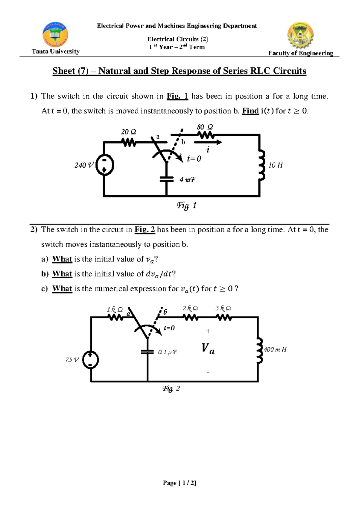 Sheet (7)- Natural and Step Response of Series RLC Circuits - Tanta ...