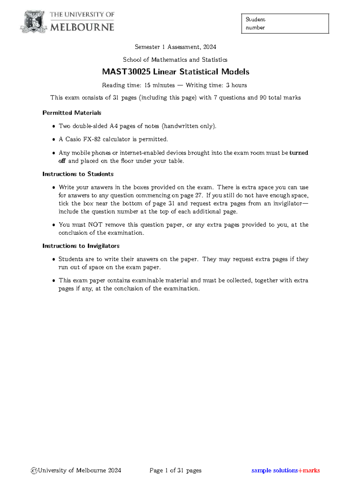 LSM Exam Solutions 2024 - MAST30025 Linear Statistical Models - Studocu
