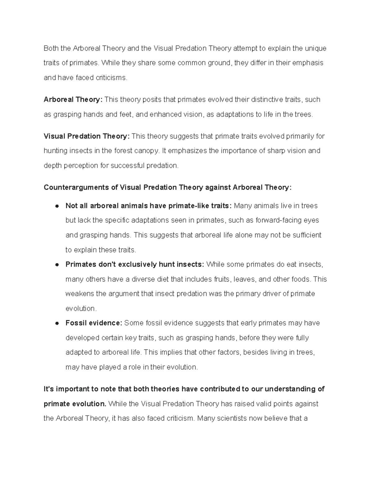 Anthropology Essay: Arboreal vs. Visual Predation Theory Analysis - Studocu