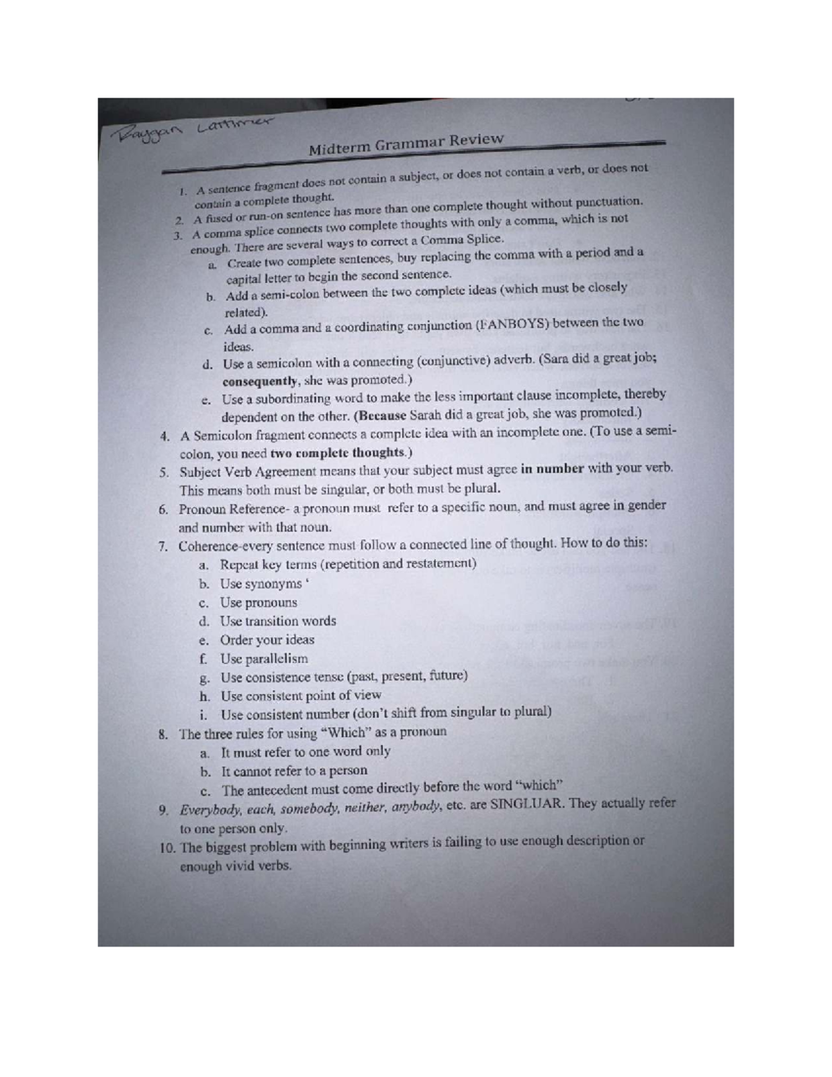 Raygan Lattimer Midterm Grammar Review Notes - Studocu