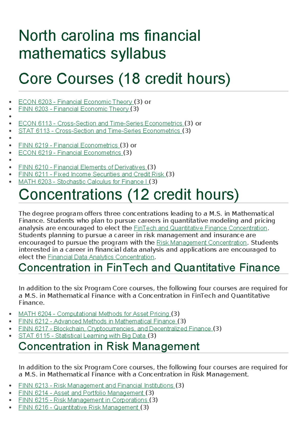 North carolina ms financial mathematics syllabus - North carolina 