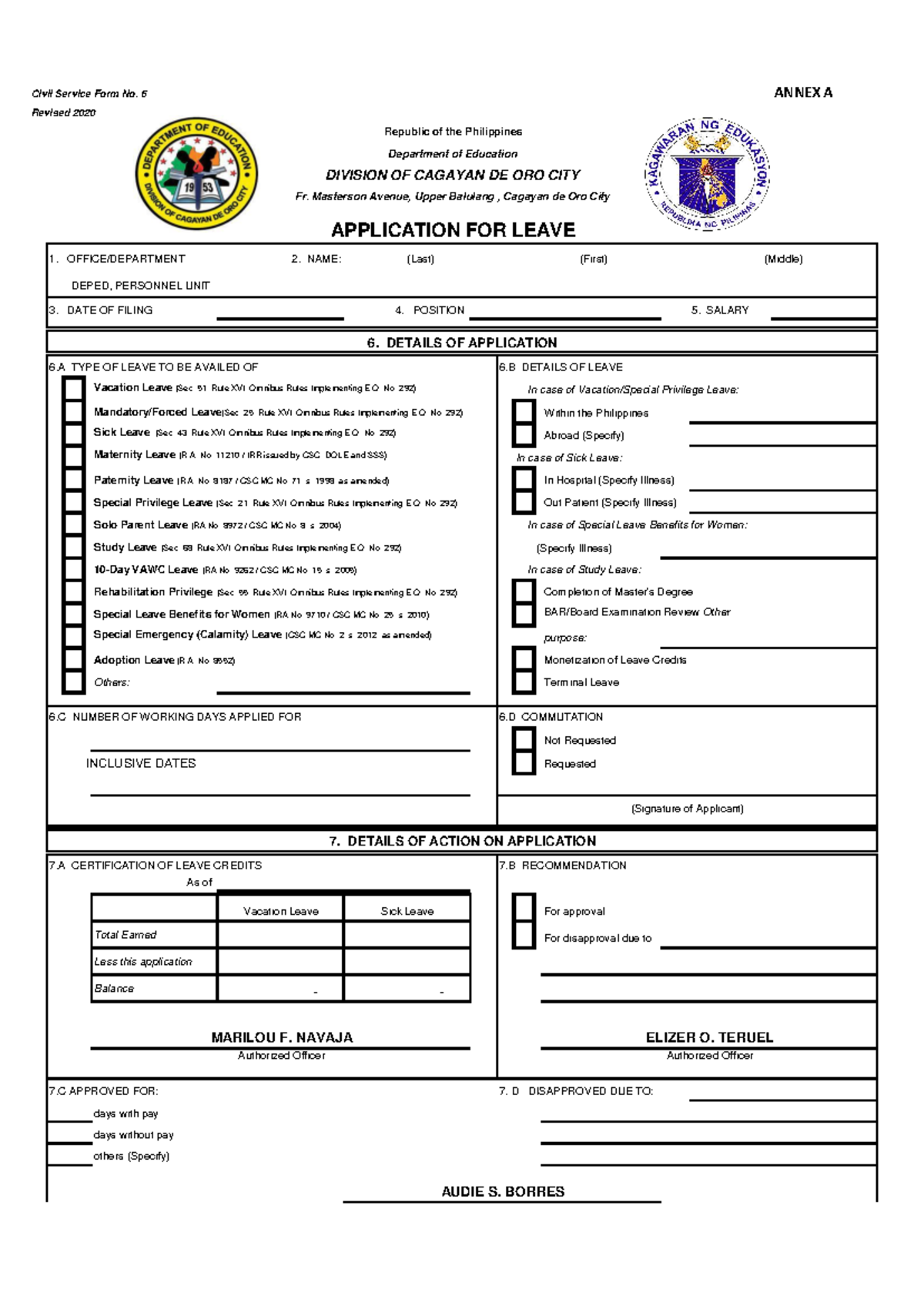 APPLICATION FOR LEAVE - DEPED Form No. 6 (Revised 2020) - Studocu