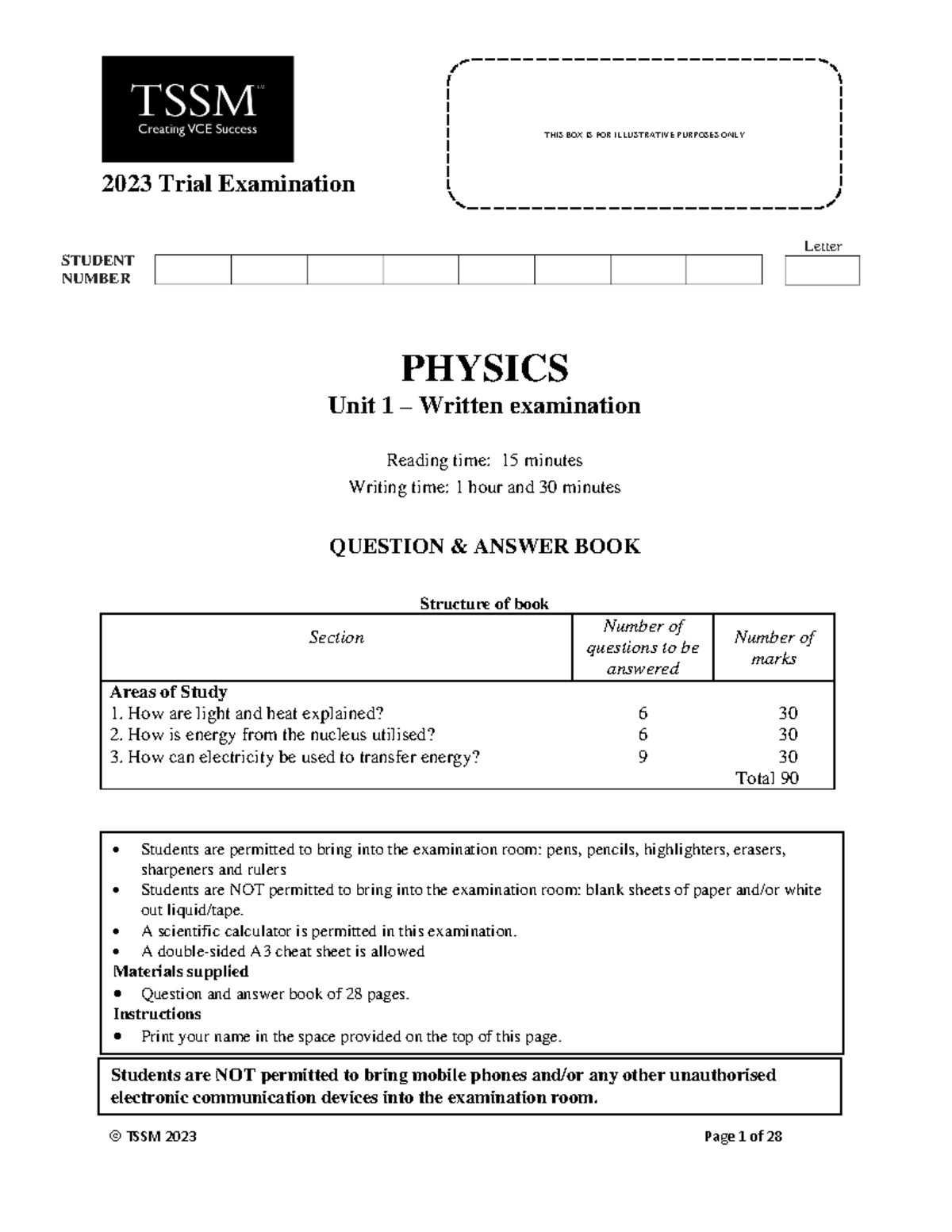 TSSM Unit 1 Physics 2023 Trial Exam Questions and Instructions - Studocu