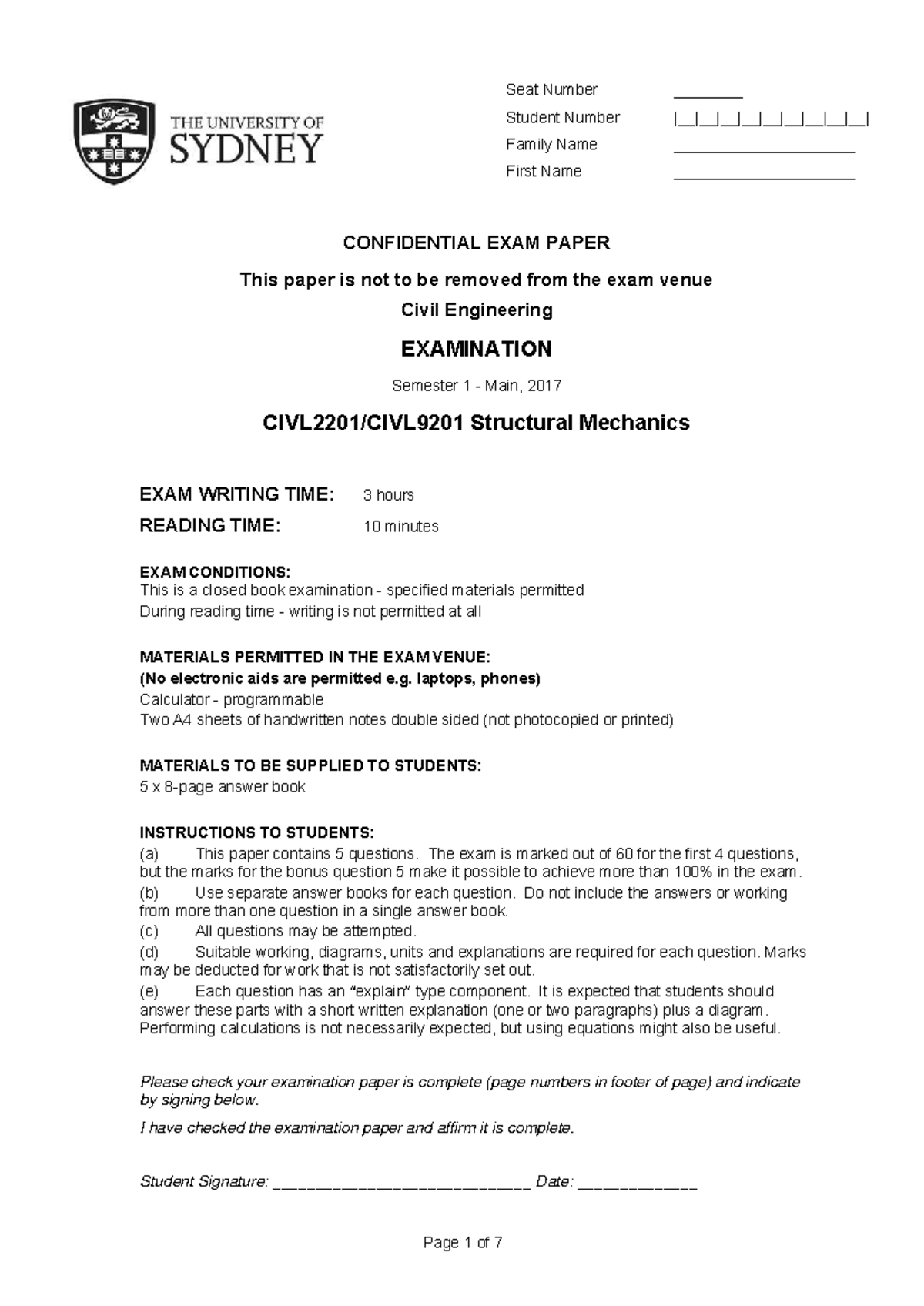 CIVL2201 Final Exam - Structural Mechanics 2017 Past Paper - Studocu