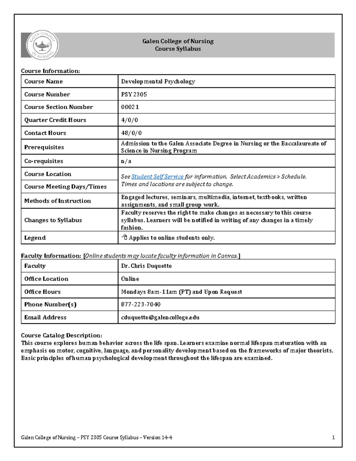PSY 2305 Syllabus for Developmental Psychology Course Section 00021 ...