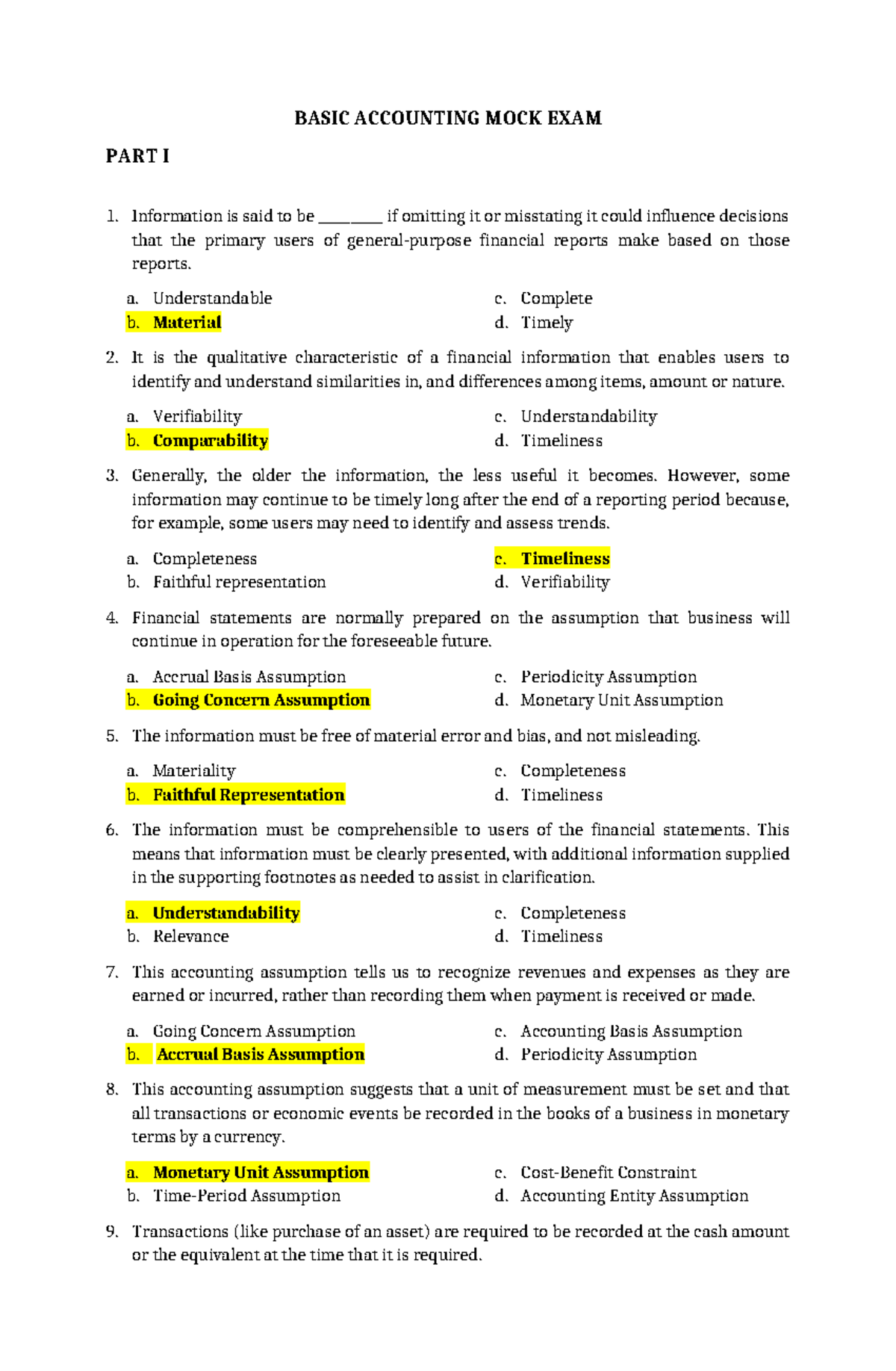 BASIC ACCOUNTING MOCK EXAM PART I & II - Studocu