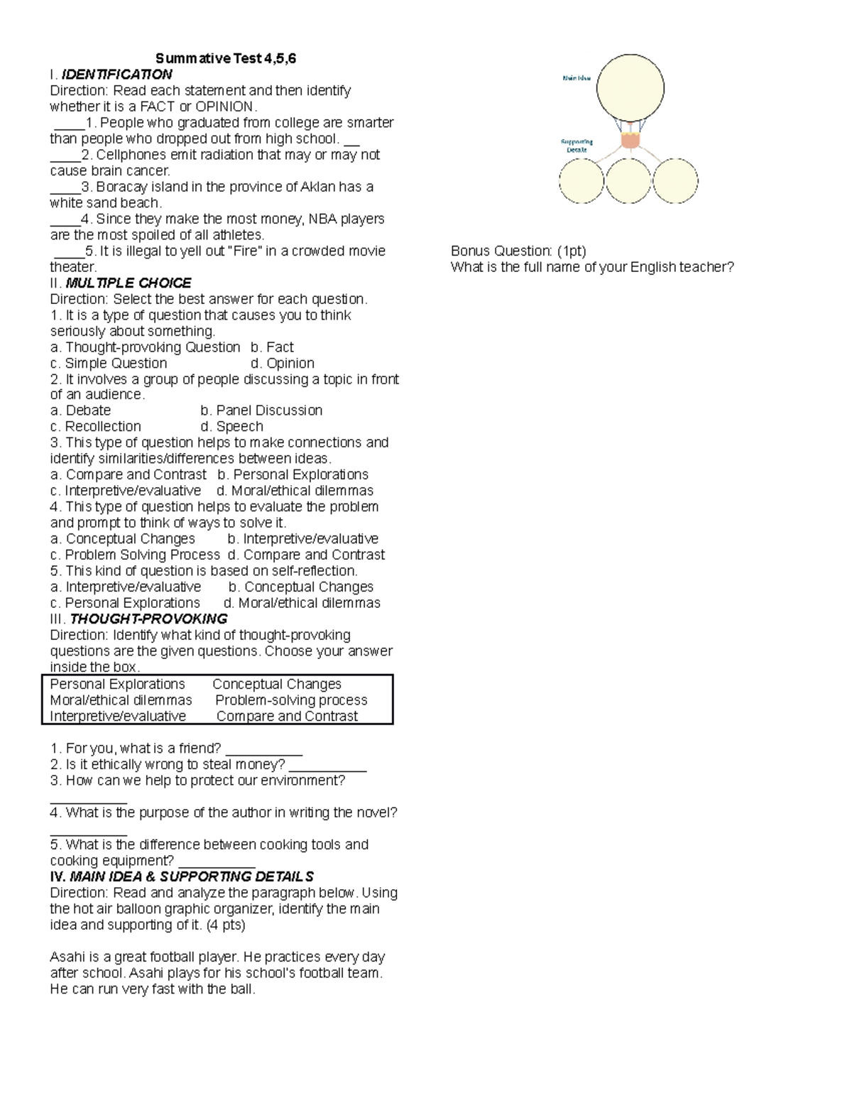 Summative Test 4: Facts, Opinions, and Thought-Provoking Questions ...