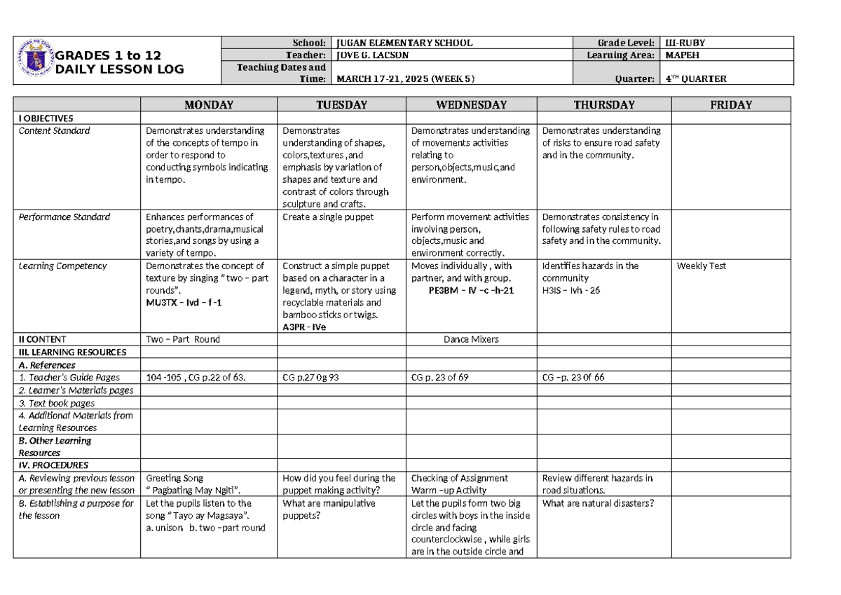 DLL Mapeh 3 Q4 W5 - FOR REFERENCE - GRADES 1 to 12 DAILY LESSON LOG ...